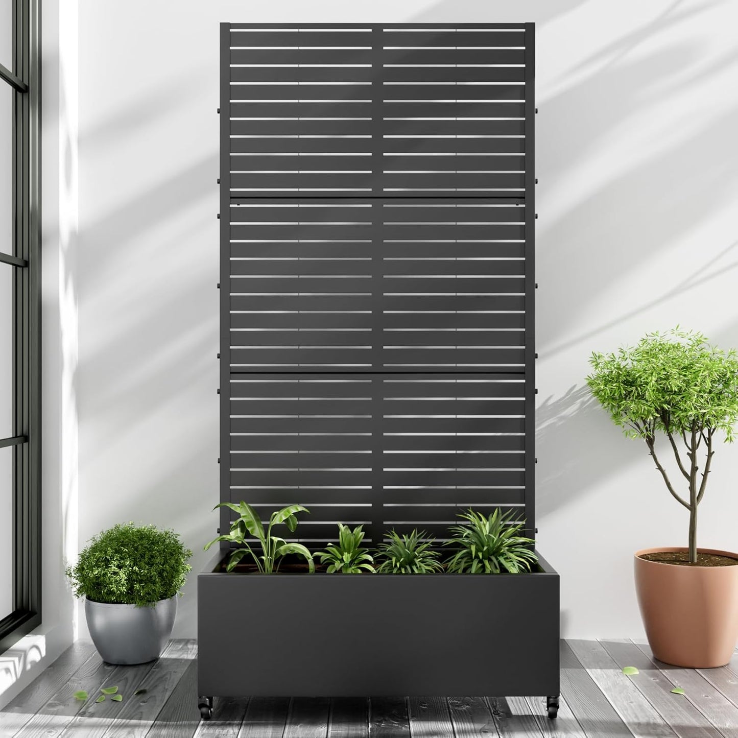 Casaphoria Metal Raised Garden Bed with Trellis and Wheels, 72"x35"x16" Planter Box for Climbing Plants, Vegetables & Vines, Features Drainage Holes and Privacy Screen (Black-Louvered)