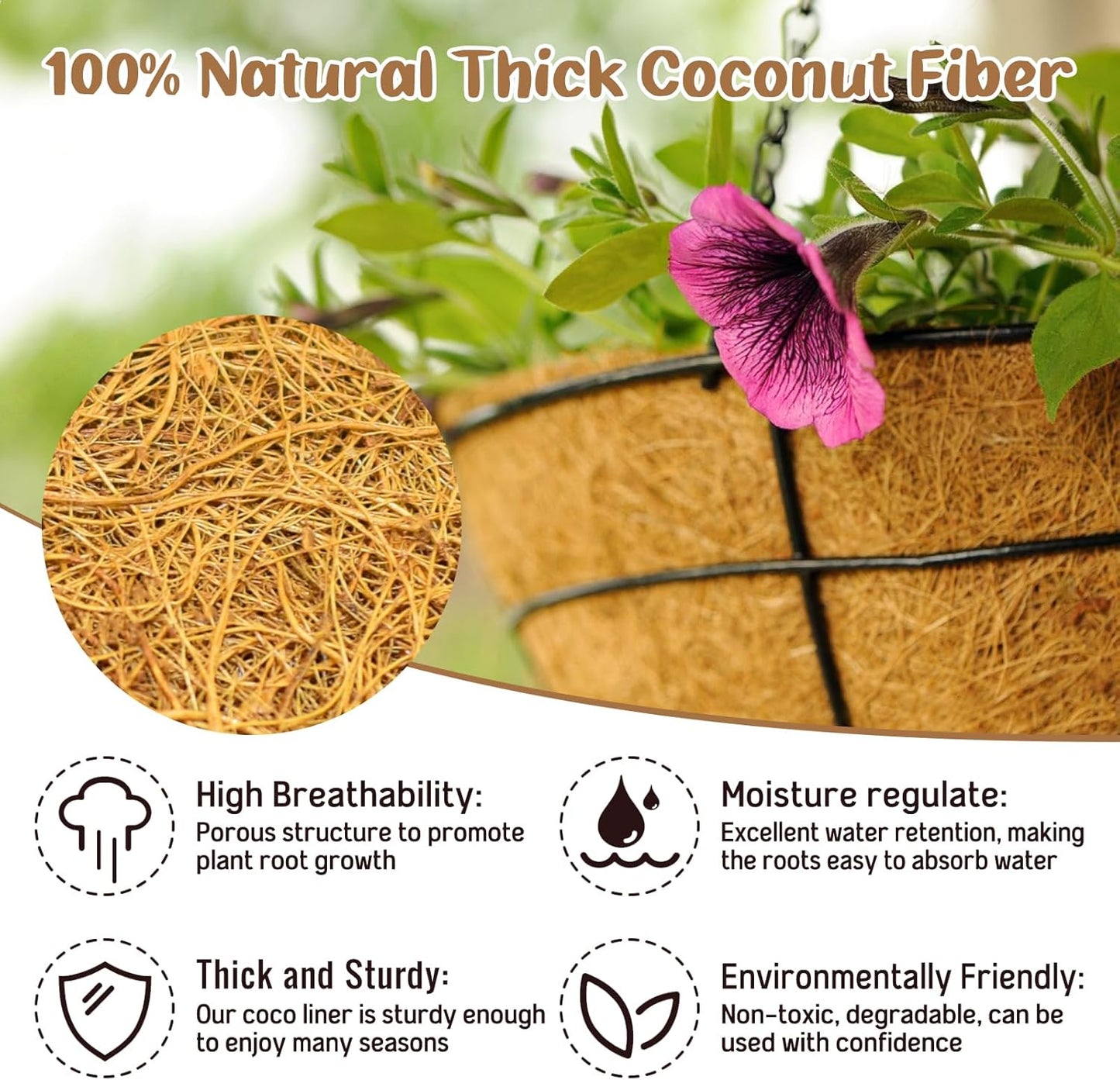 Legigo 3 Pack 20 Inch Hanging Basket Coco Liners Replacement, 100% Natural Round Coconut Coco Fiber Planter Basket Liners for Hanging Basket Flowers/Vegetables