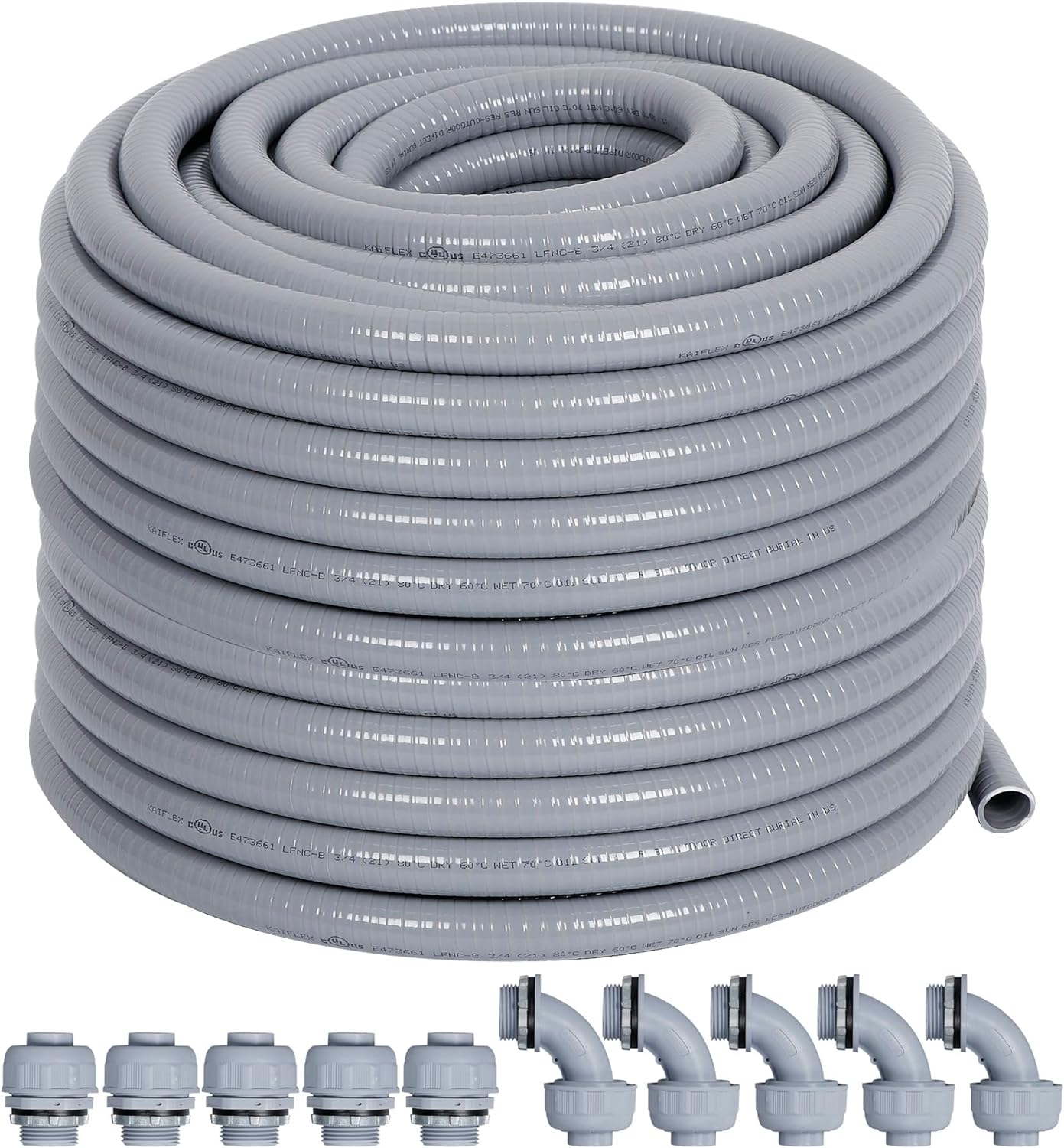 1/2" Liquid-Tight PVC Conduit Kit, 100ft with 10 Connectors, Grey, 5 Straight & 5 90-Degree Fittings, UL Certified, Flexible, Easy Installation, Multi-Application