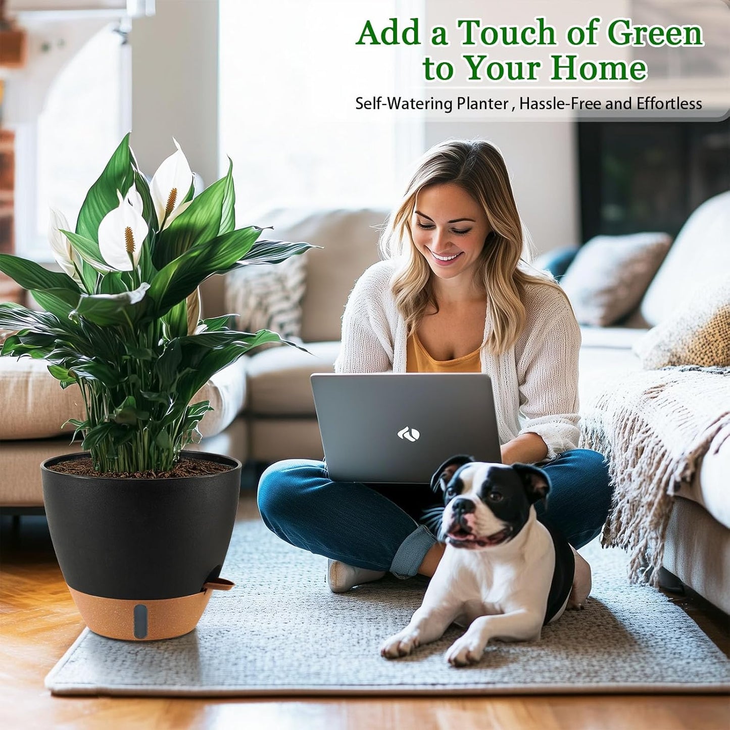 8/10/12 Inch Self Watering Pots for Indoor/Outdoor Plants - Large Plastic Planter with Drainage Holes, Water Level Indicator & Deep Reservoir, Modern Decorative Flower Pots (Black)