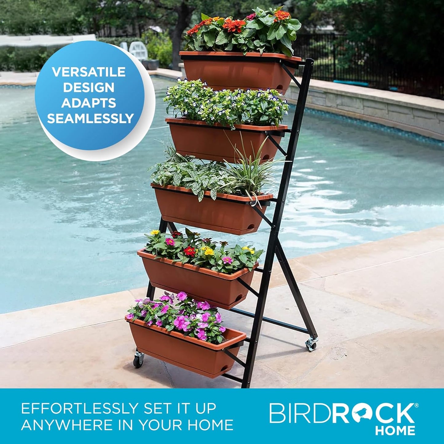 BIRDROCK HOME 5-Tier Vertical Garden Planter Bed - Raised Flower Stand - Rolling Plant Tower - Weather Resistant Box - Indoor or Outdoor - Herbs Flowers Berry’s Vegetables - Metal