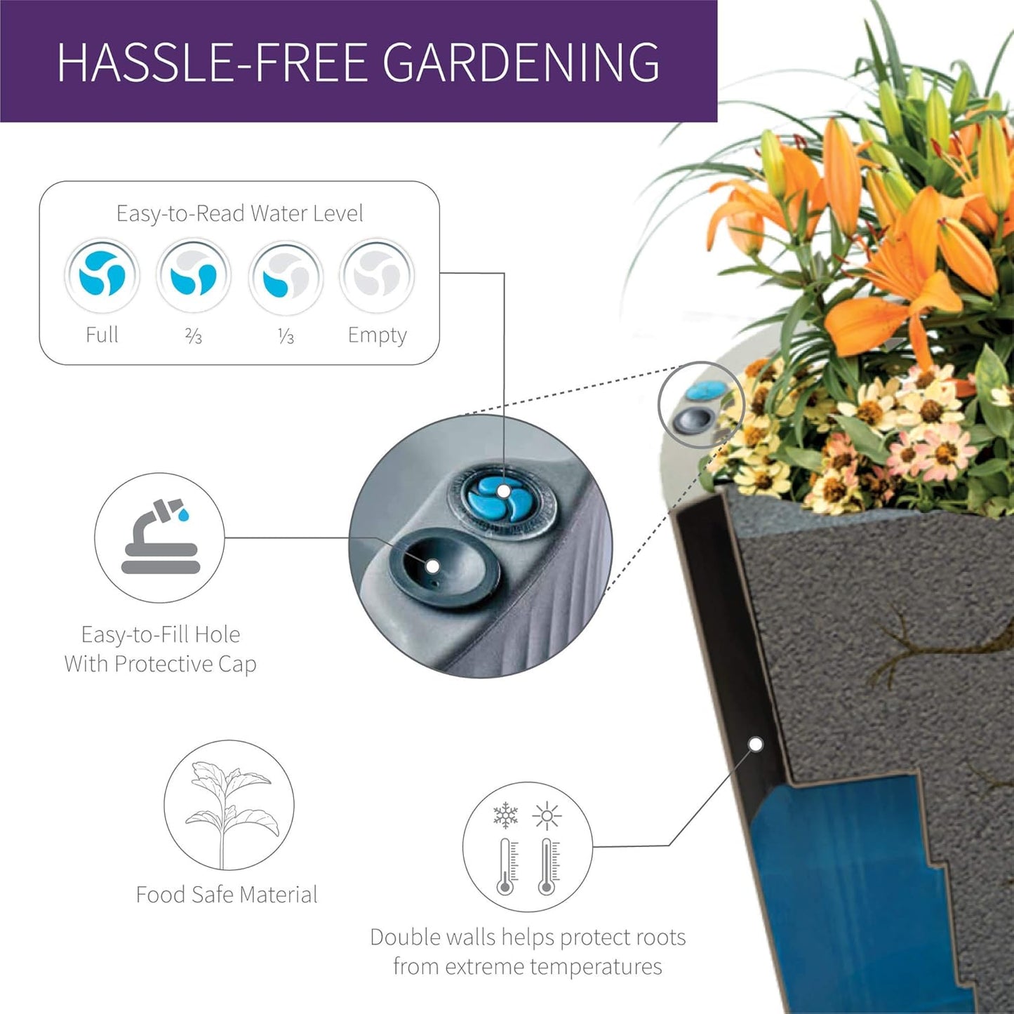 Crescent Garden Dot TruDrop Indoor/Outdoor Planter, Self-Watering Plant Pot, 20 Inches, (Ash)