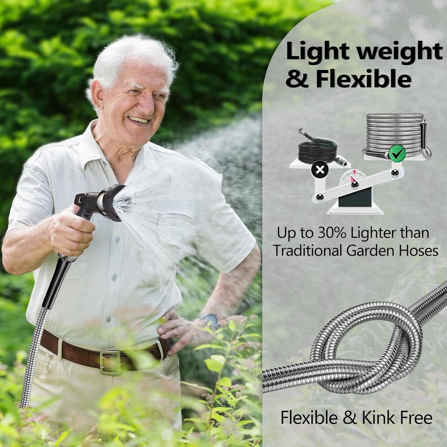 110 ft Garden Hsoe - 2025 New 304 Stainless Steel Garden Hose with 10-Function Spray Gun, 3/4'' Copper-Chrome Fittings – Lightweight, Durable, and Kink-Free, Metal Water Hoses for Gardening