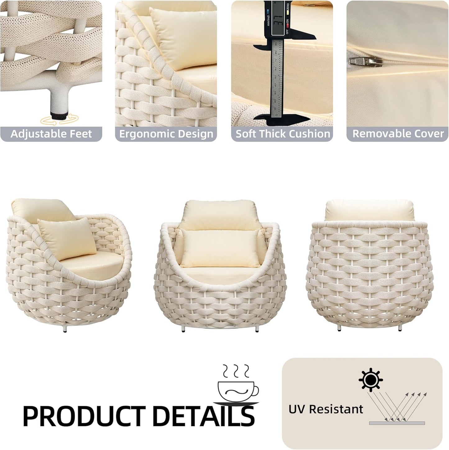 TWT Patio Sofa Set of 2, All-Weather Olefin Rope Balcony Furniture with Cushions & Pillows, Patio Couch Outdoor Patio Furniture Set for Indoor, Balcony, Backyard, Deck, Poolside, Cream