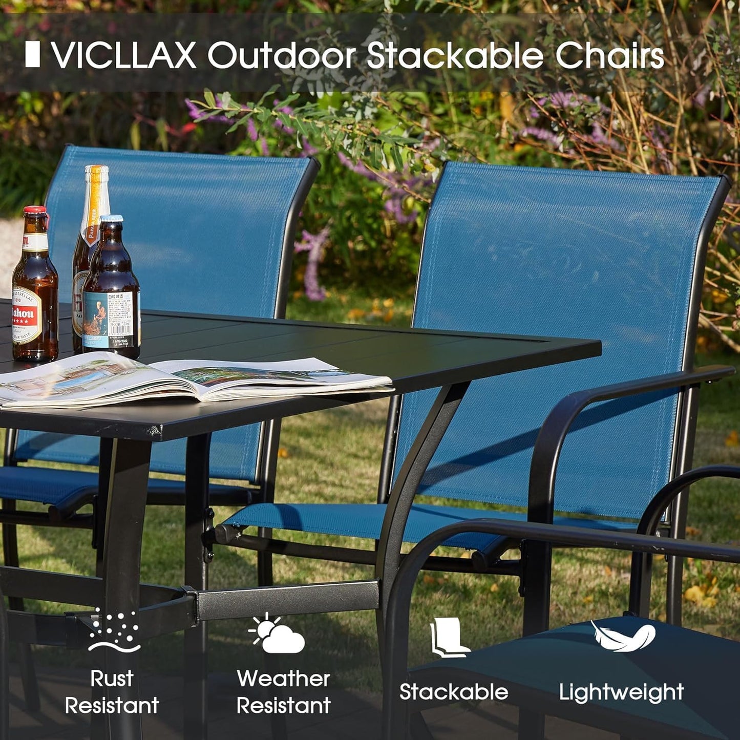 VICLLAX 5 Pieces Patio Dining Set, Outdoor Furniture Set Includes 41.2" Round Patio Table and 4 Patio Sling Chairs, Black Tabletop and Blue Fabric
