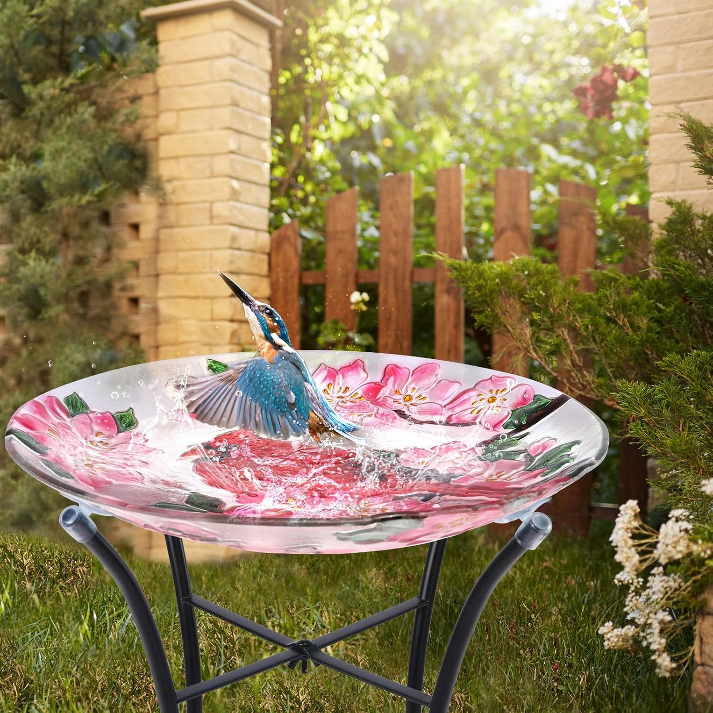 VCUTEKA Bird Baths for Outdoors, Glass Bird Bath with Metal Standing for Garden, Yards Patio Décor, Bird Lovers Gift, Cardinal Glass Birdbath Detachable (22" H * 18" W)