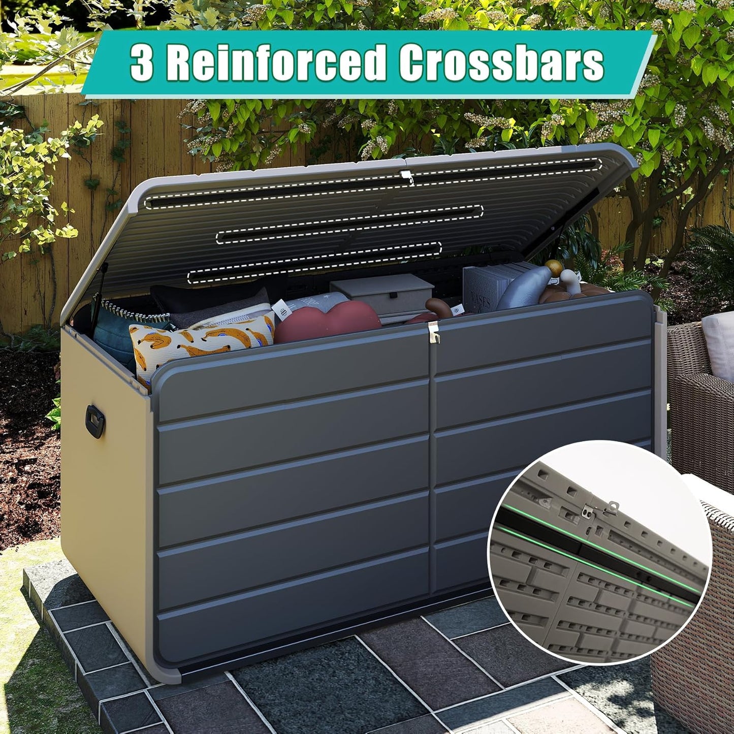 Domi 200 Gallon Resin Deck Box, Waterproof & UV-Resistant Outdoor Large Storage Box Lockable Storage Bin for Patio Cushions Pool Supplies Garden Tools and Delivery Storage