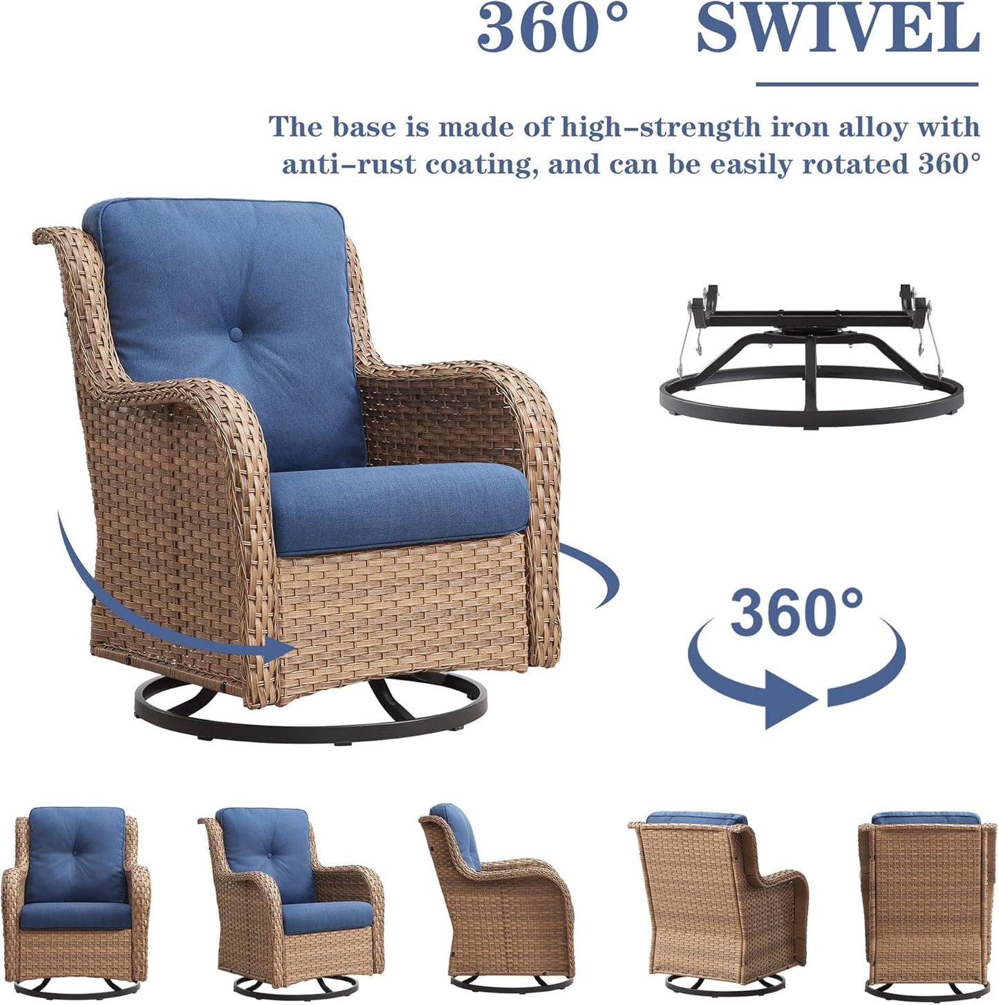 Outdoor Swivel Rocker Patio Chairs - 360 Degree Swivel Glider Seating 350LBS Weight Capacity 3 Piece Wicker Rocking Chairs Set with Side Table for Porch Balcony Deck, Yellow/Blue