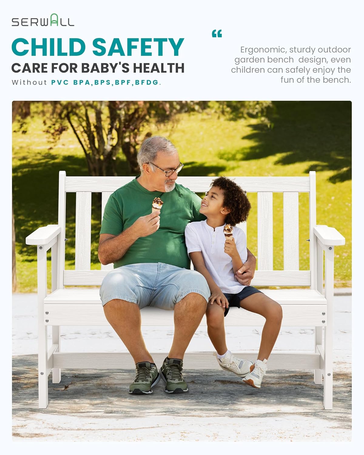 SERWALL Outdoor Bench, HDPE Outdoor Benches Weatherproof, 2-Person Garden Bench with 660 lbs Weight Capacity, Patio Benches for Outdoors, Garden, Porch, Backyard and Park, White