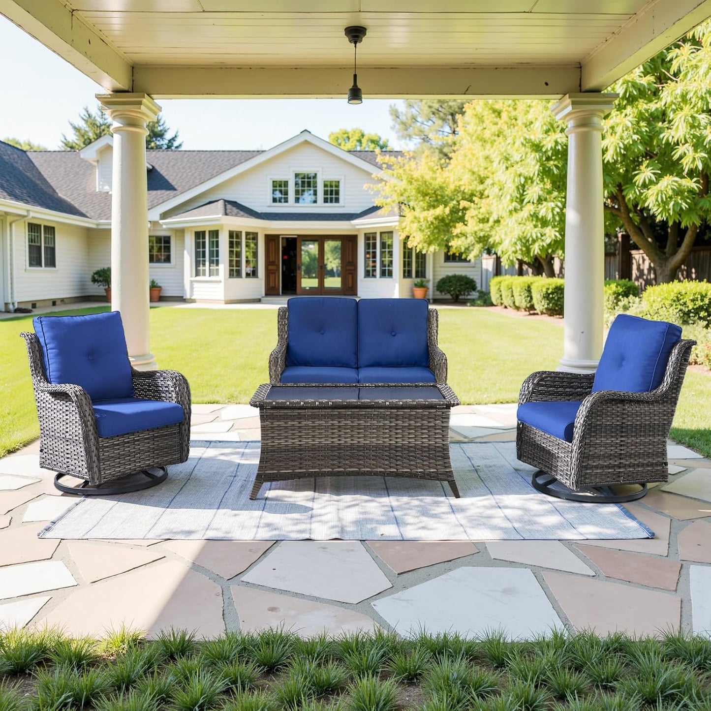 4 Piece Patio Furniture Set - Outdoor Glider Bench with Swivel Rocker Chairs and Coffee Table, High Back Small Outdoor Conversation Furniture Sets for Deck Sunroom Balcony Backyard