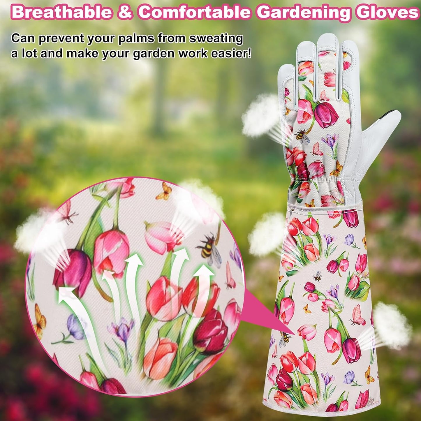 DLY Gardening Gloves for Women, Rose Gloves Gardening Thorn Proof, Long Garden Gloves for Women, Breathable Cowhide Leather Gauntlet(Medium,White)