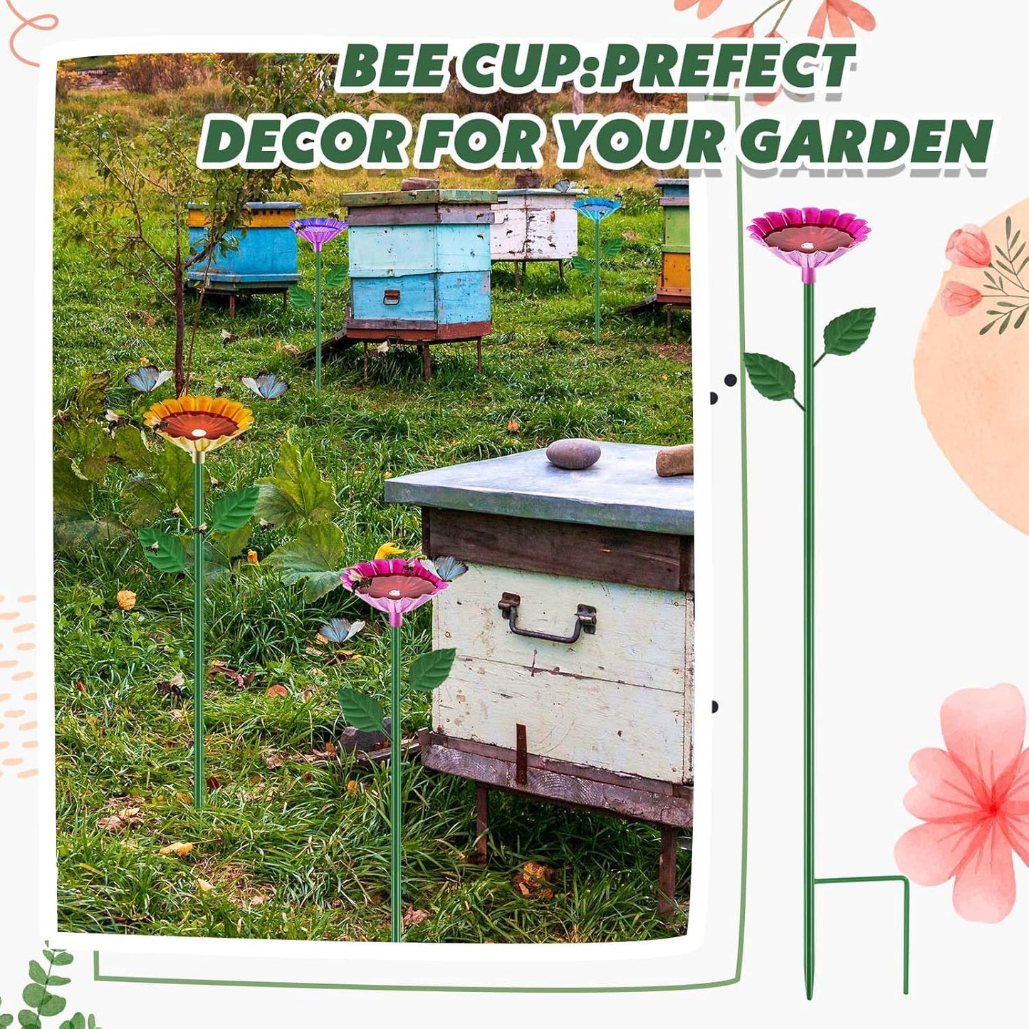 Tandefio 8 Pcs Bee Watering Station 25 x 2.6 Inch Metal Vivid Flower Bee Water Feeder for Garden Butterfly Feeders for Outdoors Colorful Butterfly Bath Bowl for Bird Thirsty Pollinators Outside Yard