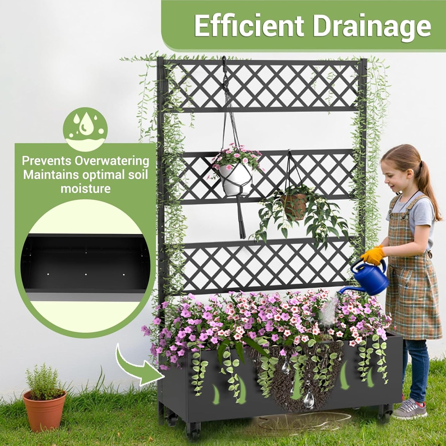 Metal Planter Box with Trellis Privacy Screen, 67"x35"x16" Raised Garden Bed with Trellis, Privacy Planter Boxes, with Planting Bag & Lockable Casters for Climbing Plants,Vegetables,and Vines