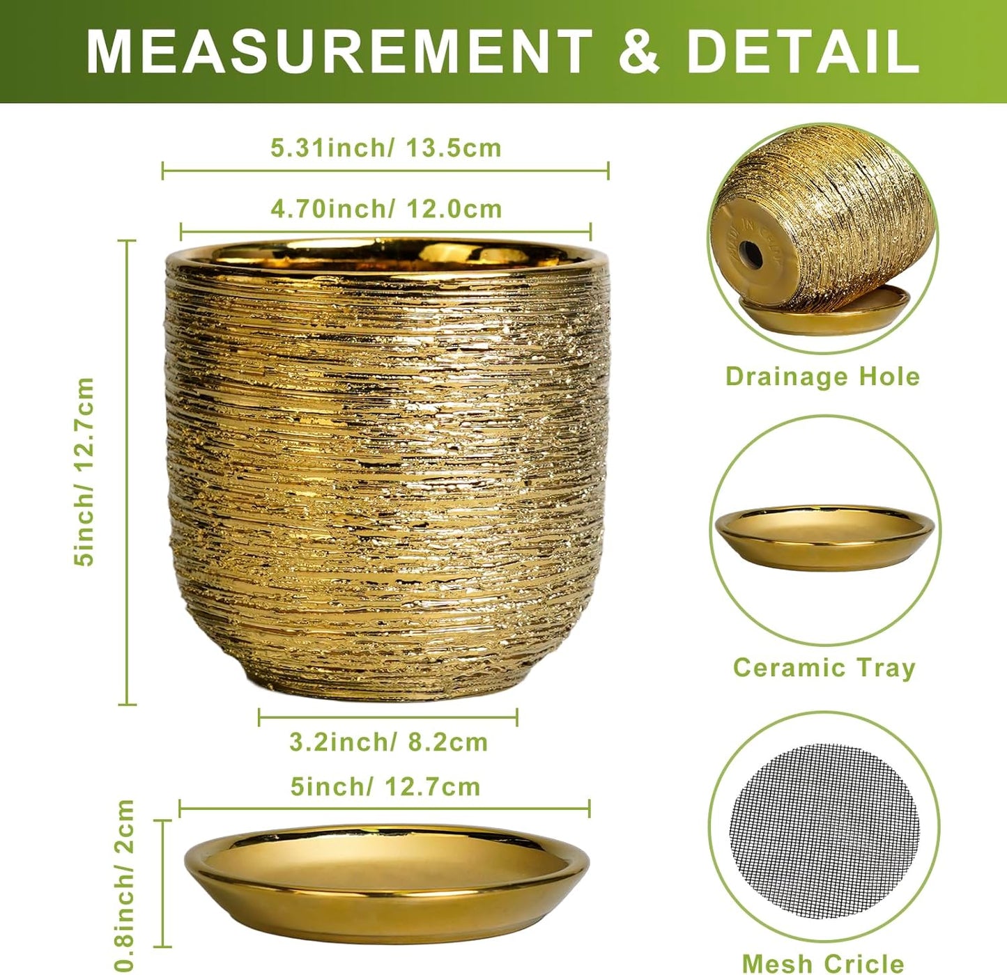 Succulent Pot 5 Inch - Ceramic Plant Pot for Indoor Flowers, Decorative Round Indoor Planter with Drainage Hole and Saucer, Plant Lover Gifts, Patio Office Home Room Decor, Gold