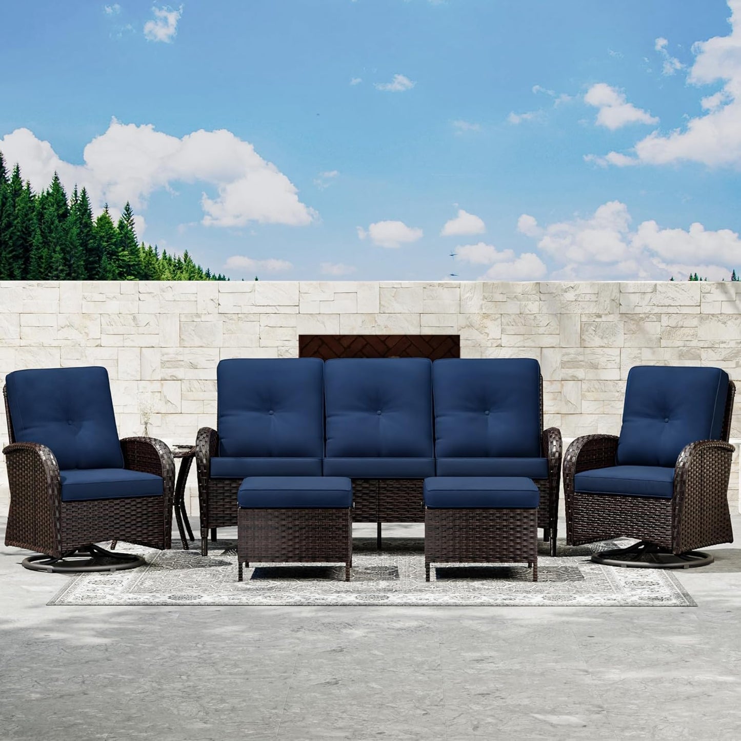 Joyside 6 Piece Patio Furniture Set, Outdoor Wicker Conversation Sets with Swivel Rocker Chairs and Sofa, Thick Cushion, Rattan Patio Sectional for Porch, Deck Use (Brown/Blue, 6 PCS)