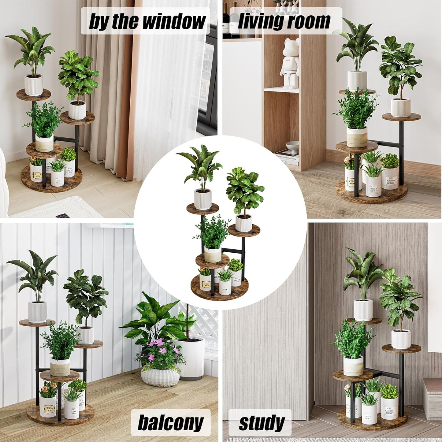 Plant Stand Indoor 4 Tier 5 Potted Multiple Flower Pot Holder for Patio Garden Balcony Living Room Corner (4 Tier Black+Rustic Brown)