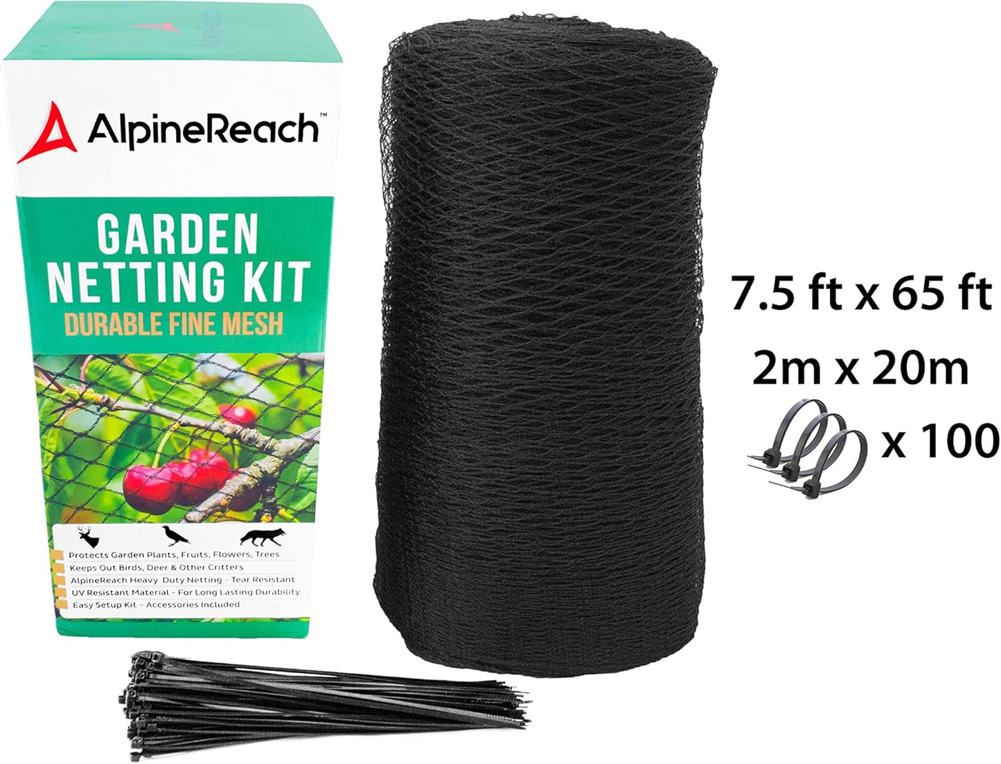 AlpineReach Garden Netting 7.5 x 65 ft Heavy Duty Bird Net, Deer, Plant Protection Extra Strong Woven Mesh, Reusable Kit with Zip Ties, Animal Fencing for Fruits Trees, Black