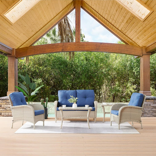 HUMMUH 4-Piece Patio Furniture Wicker Outdoor Conversation Set,All-Weather Rattan Outdoor Bistro Set with Loveseat Chairs Coffee Table for Backyard,Poolside,Deck