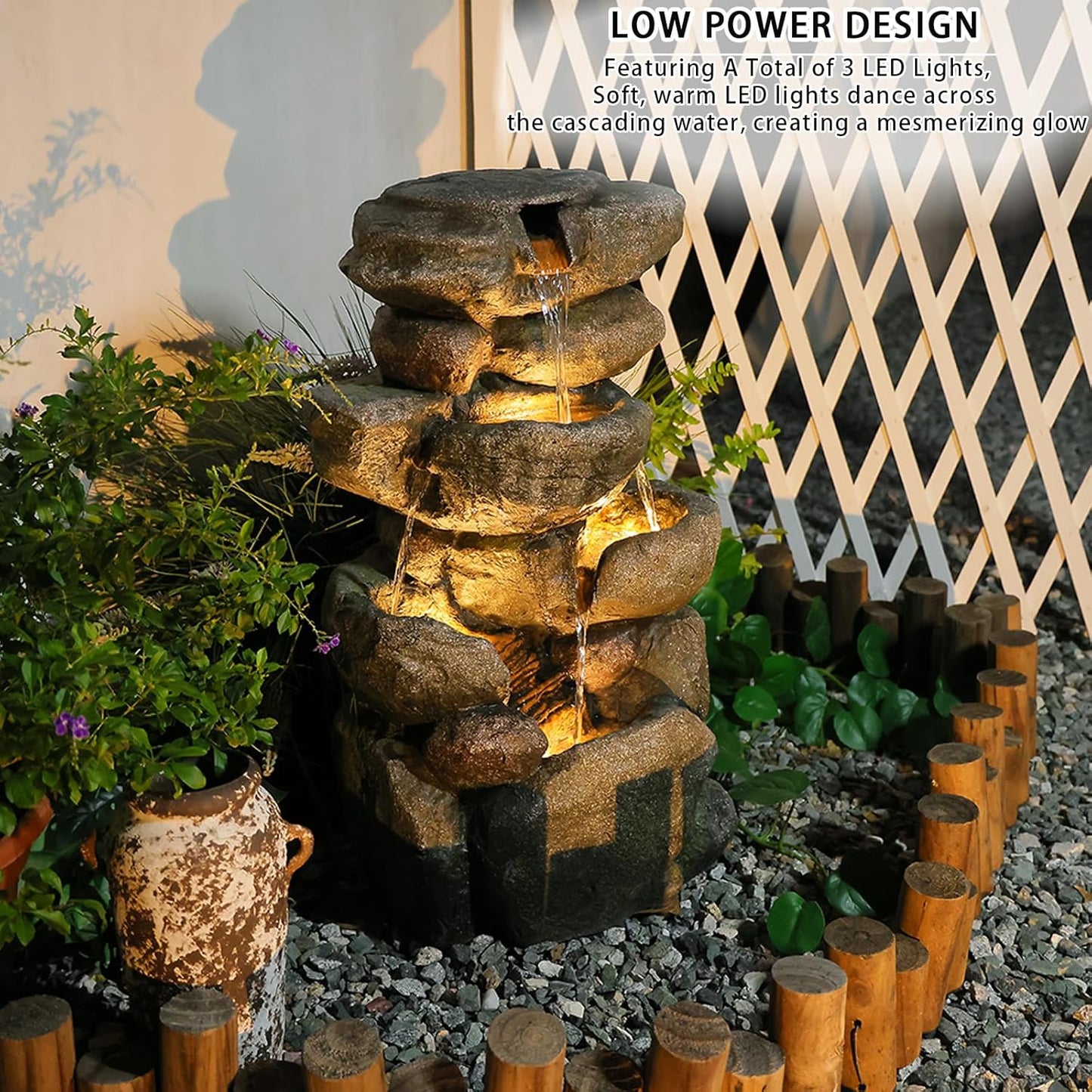 Garden Outdoor Fountains 4-Tier Rock Outdoor Water Fountain with Lights, 28.35" Waterfall Fountain for Garden, Patio, Yard, and Lawn, Natural Stone Look Water Features Outdoor Patio