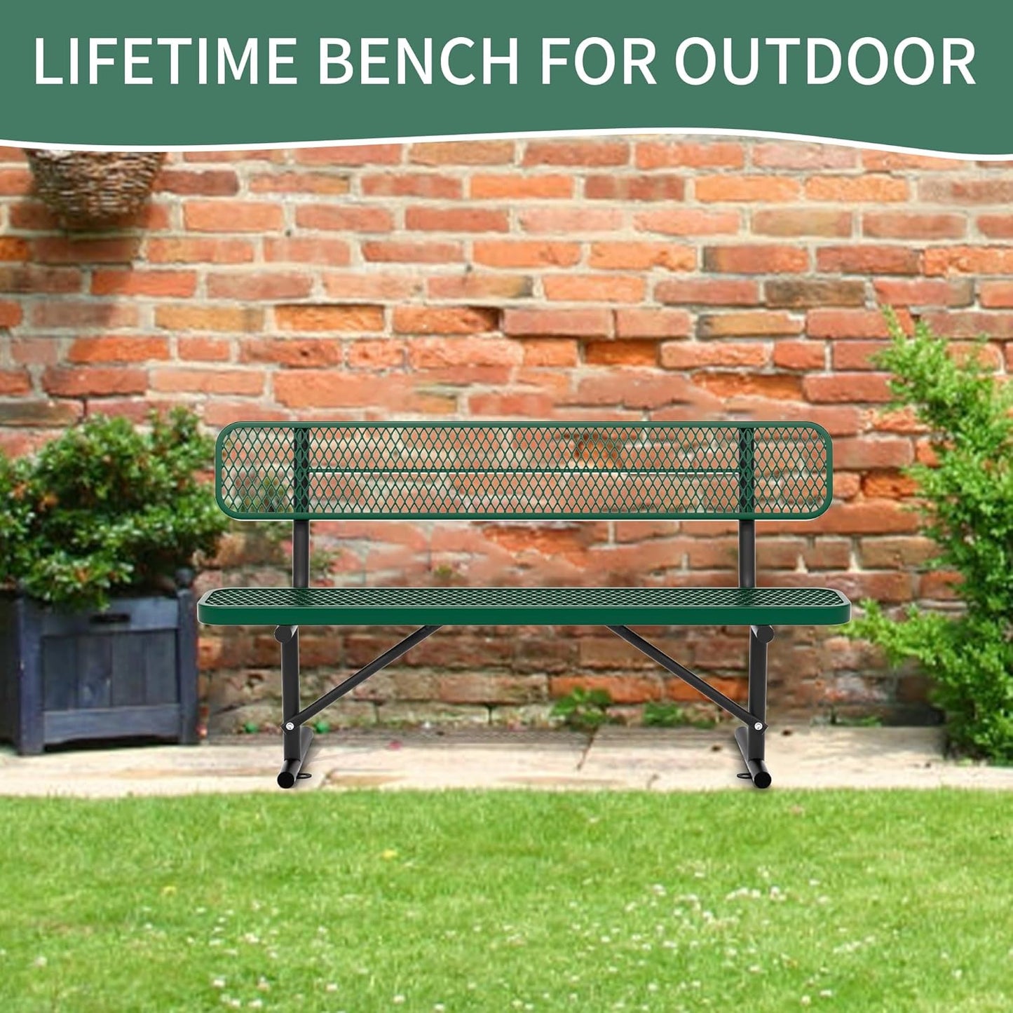 6 Feet Heavy Duty Metal Park Bench for Outside, Outdoor Bench with Backrest & Portable Frame, Commercial Benches for Shopping Malls, Stores, Parks, Patios, Decks, Green