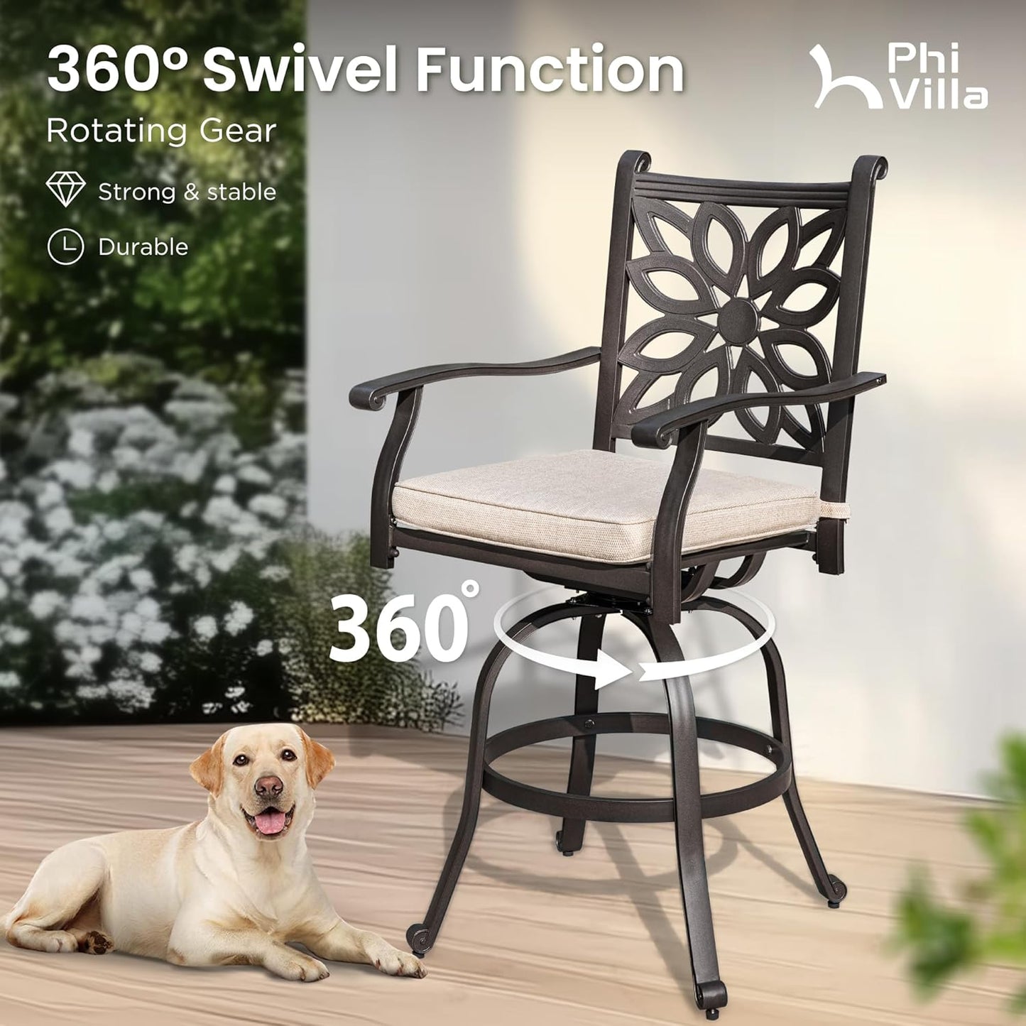 PHI VILLA 7 PCS High Bar Patio Dining Set, Cast Aluminum Outdoor Bar Set for 6 with 54" Round Bar Table and 6 Outdoor Swivel Bar Stool Chairs with Seat Cushion