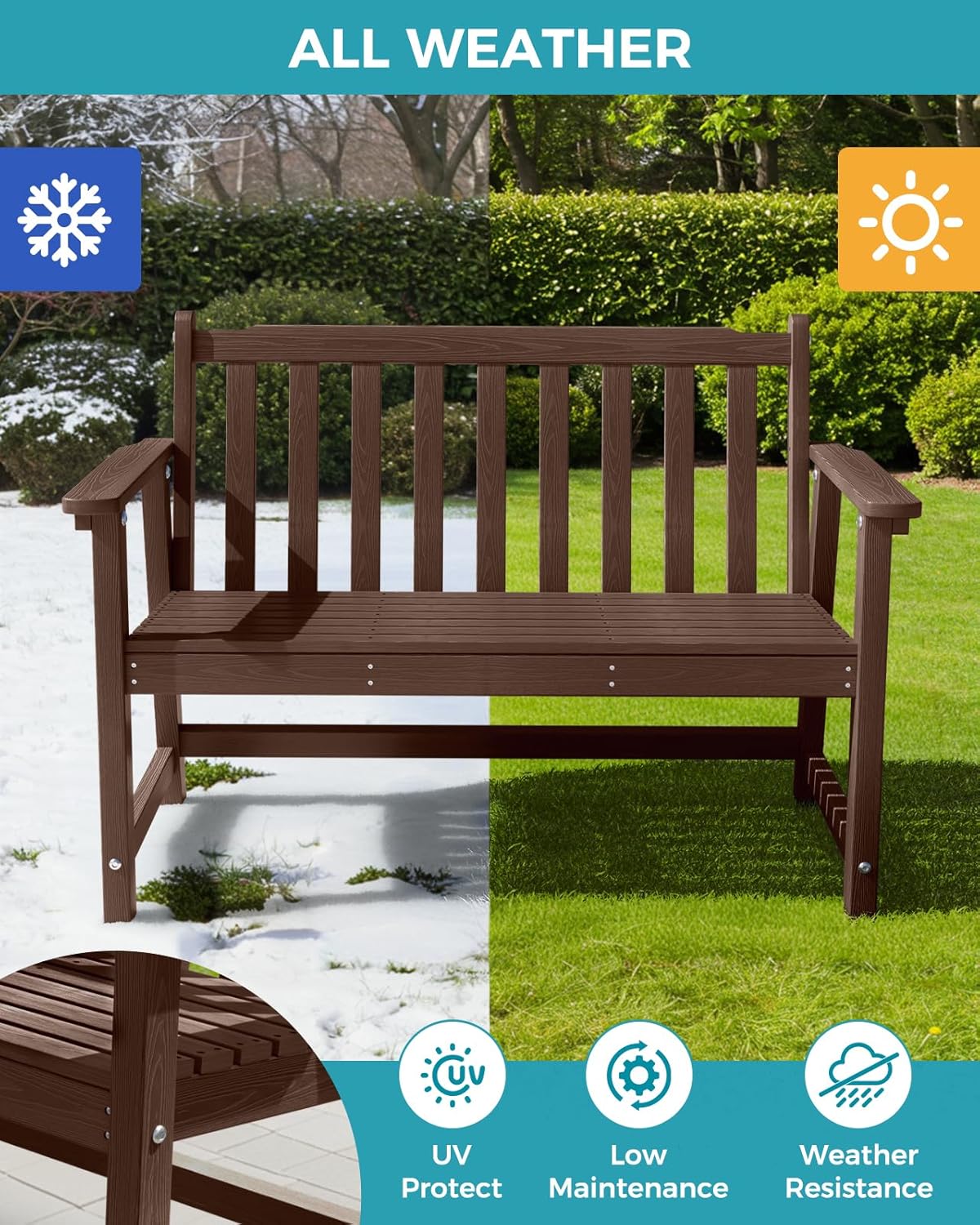 Outdoor Bench, 2-Person HDPE Garden Bench, All Weather Poly Patio Bench for Outdoors, Garden, Backyard, Porch and Park, 550 lbs Weight Capacity, Brown