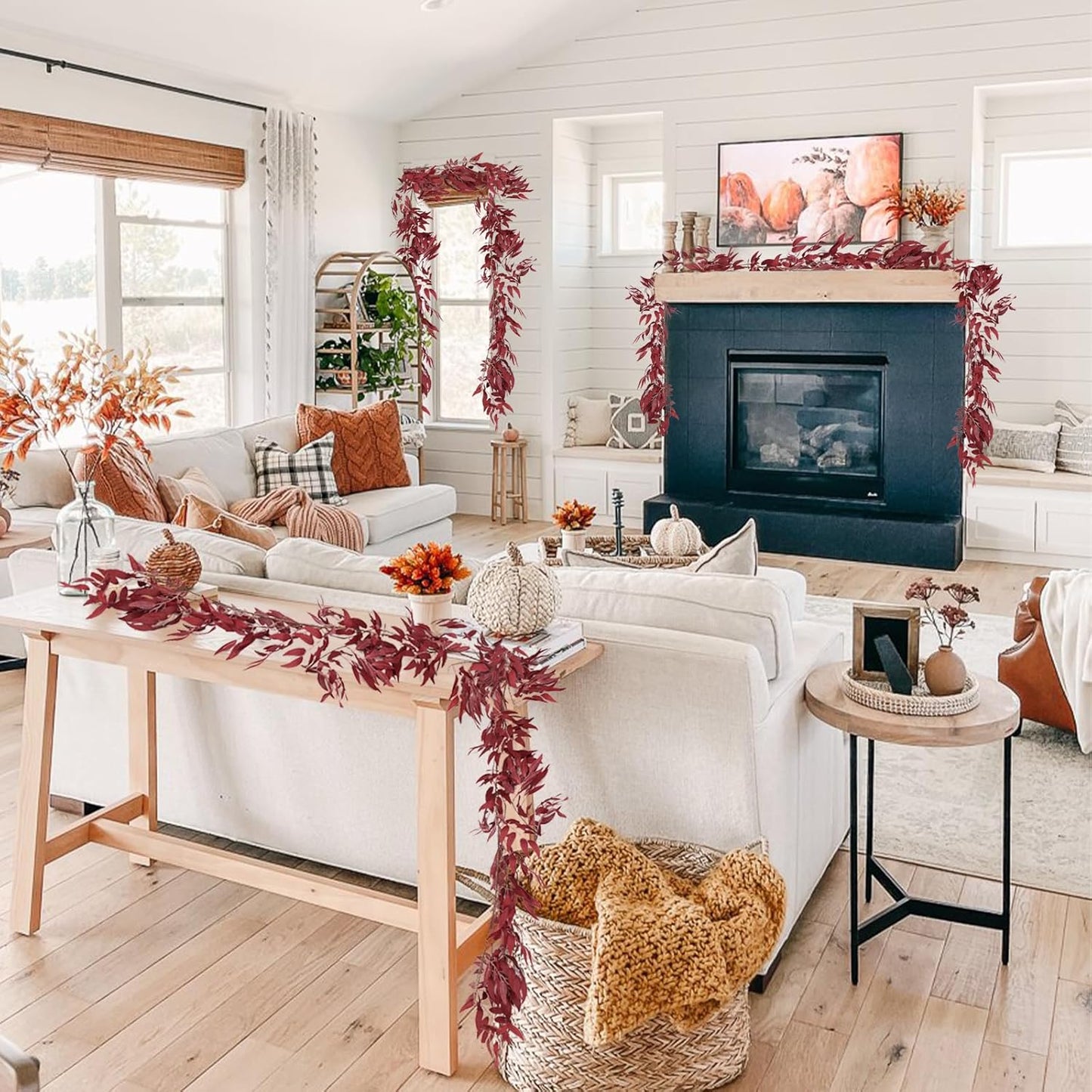 RECUTMS Artificial Hanging Willow Leaves Vine Twigs 2Pcs 5.7Ft Fake Silk Burgundy Leaf Ivy Fall Garland Faux Greenery Indoor Outdoor Valentines Day Wedding Birthday Christmas Thanksgiving Party Decor