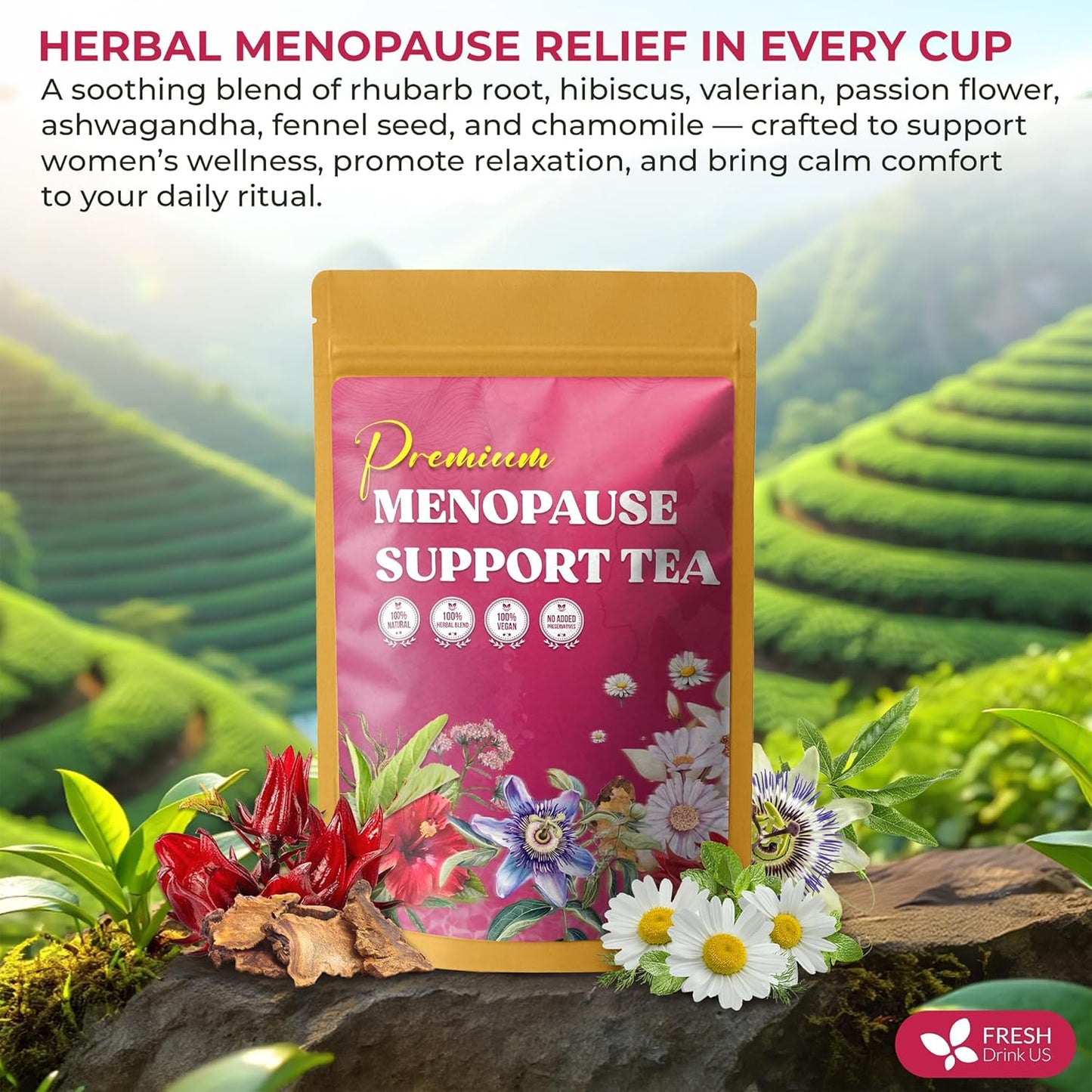 FreshDrinkUS, 40 Tea Bags - Menopause Support Herbal Tea – Soothing Blend with Rhubarb, Hibiscus, Valerian, Passiflora, Ashwagandha, Fennel & Chamomile, Caffeine-Free, Vegan, Non-GMO