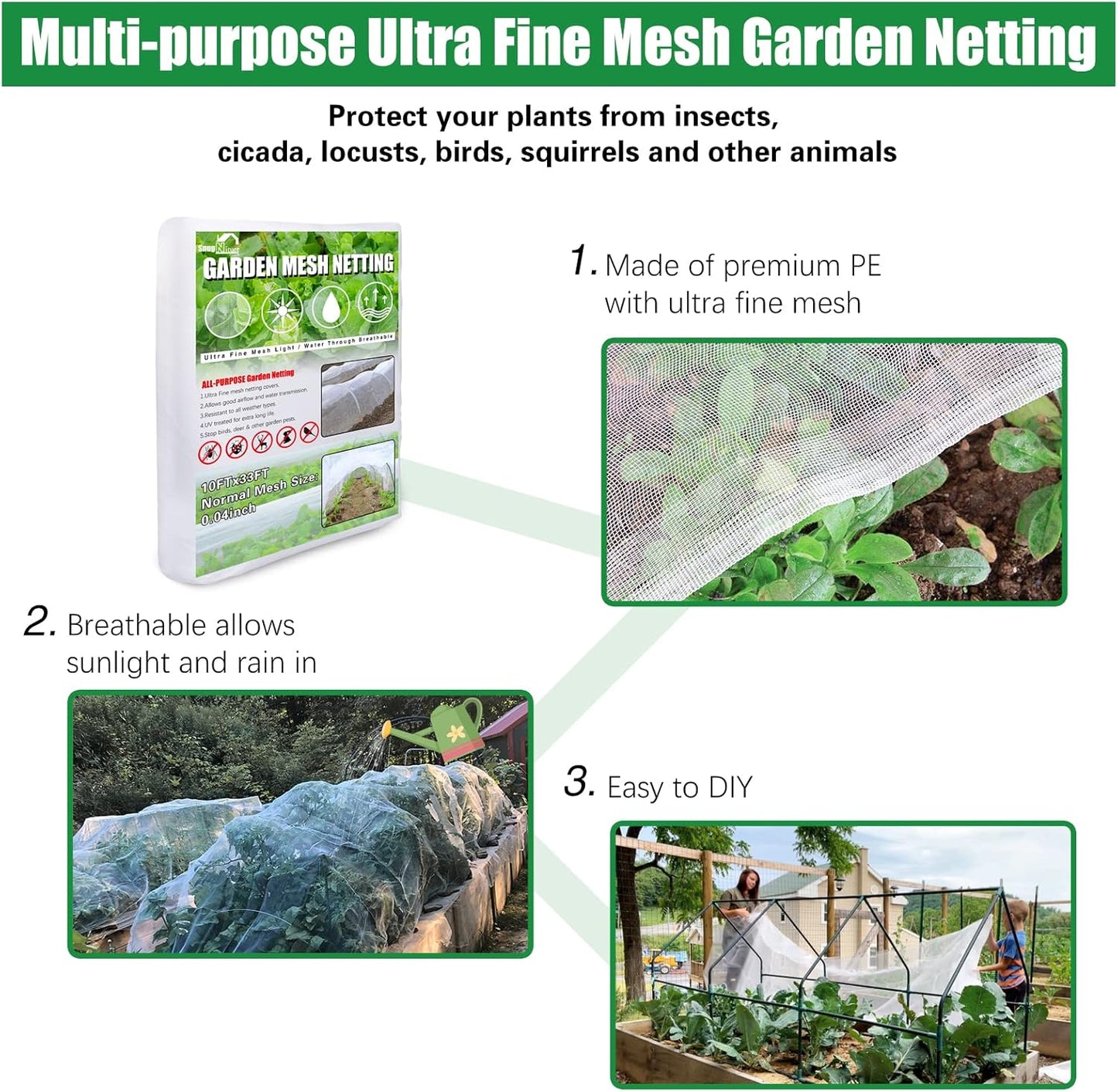 SnugNiture Garden Netting 10x33FT Ultra Fine Mesh Mosquito Netting Plant Covers, White Bird Netting Barrier Greenhouse Row Cover Protect Fruits Flower Vegetables from Birds Deer & Squirrels