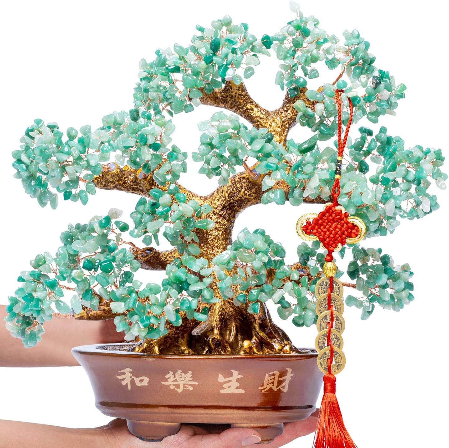 Natural Aventurine (1,251 Gemstone Count) Chakra Crystal Tree with Healing Properties - Home & Office Bonsai Feng Shui Money Tree Decoration for Luck, Success and Intelligence - 14"