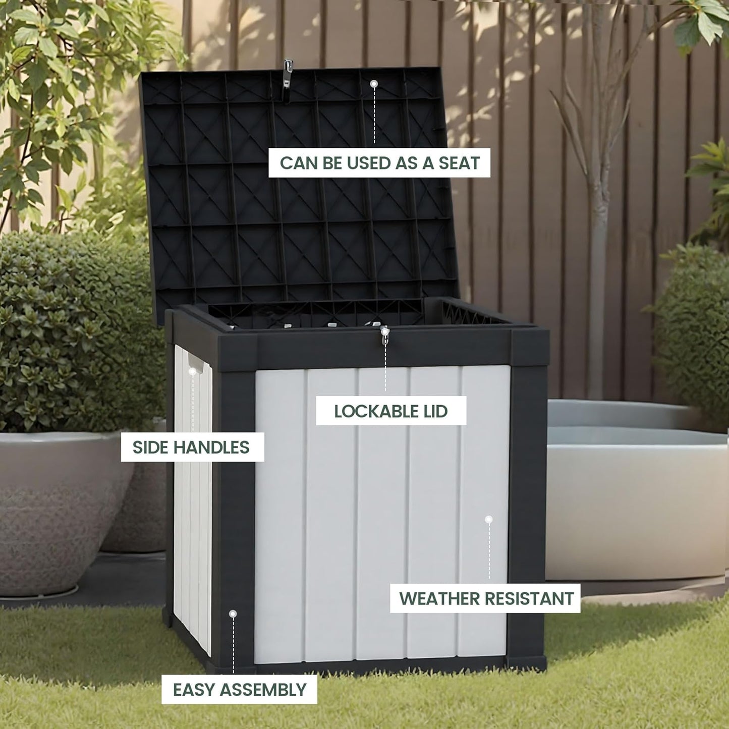 50 Gallon Storage Box, Waterproof Deck Box for Indoor & Outdoor Use, Lockable Pool Storage Bin for Package Delivery, Outdoor Bench for Patio Cushions, Garden Tools, Backyard, Black & White