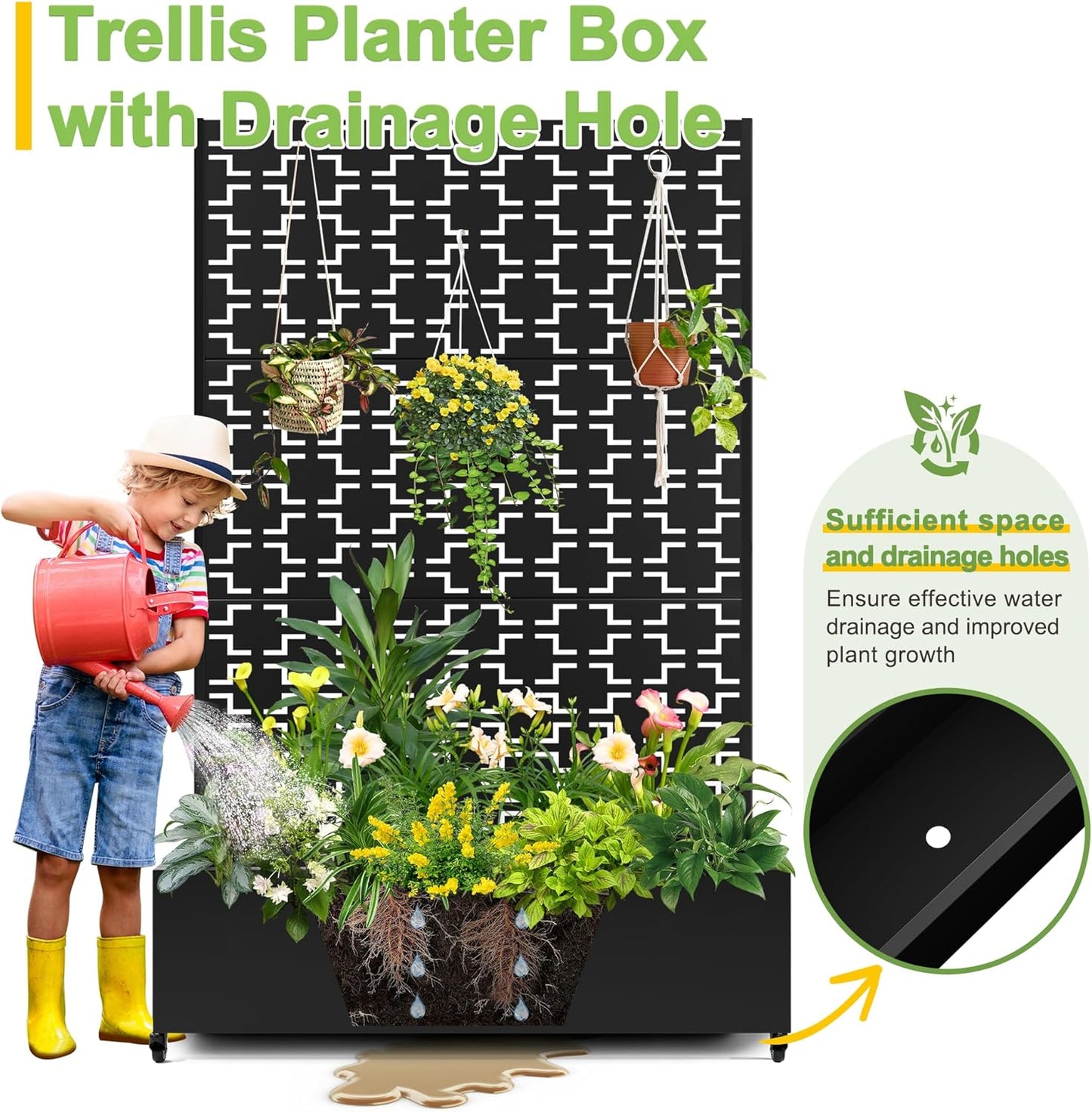 FENCY Metal Raised Garden Bed with Wheels and Trellis,73"x47"x16" Planter Box for Climbing Plants, Vegetables & Vines, Features Privacy Screen and Drainage Holes (Black-Square)