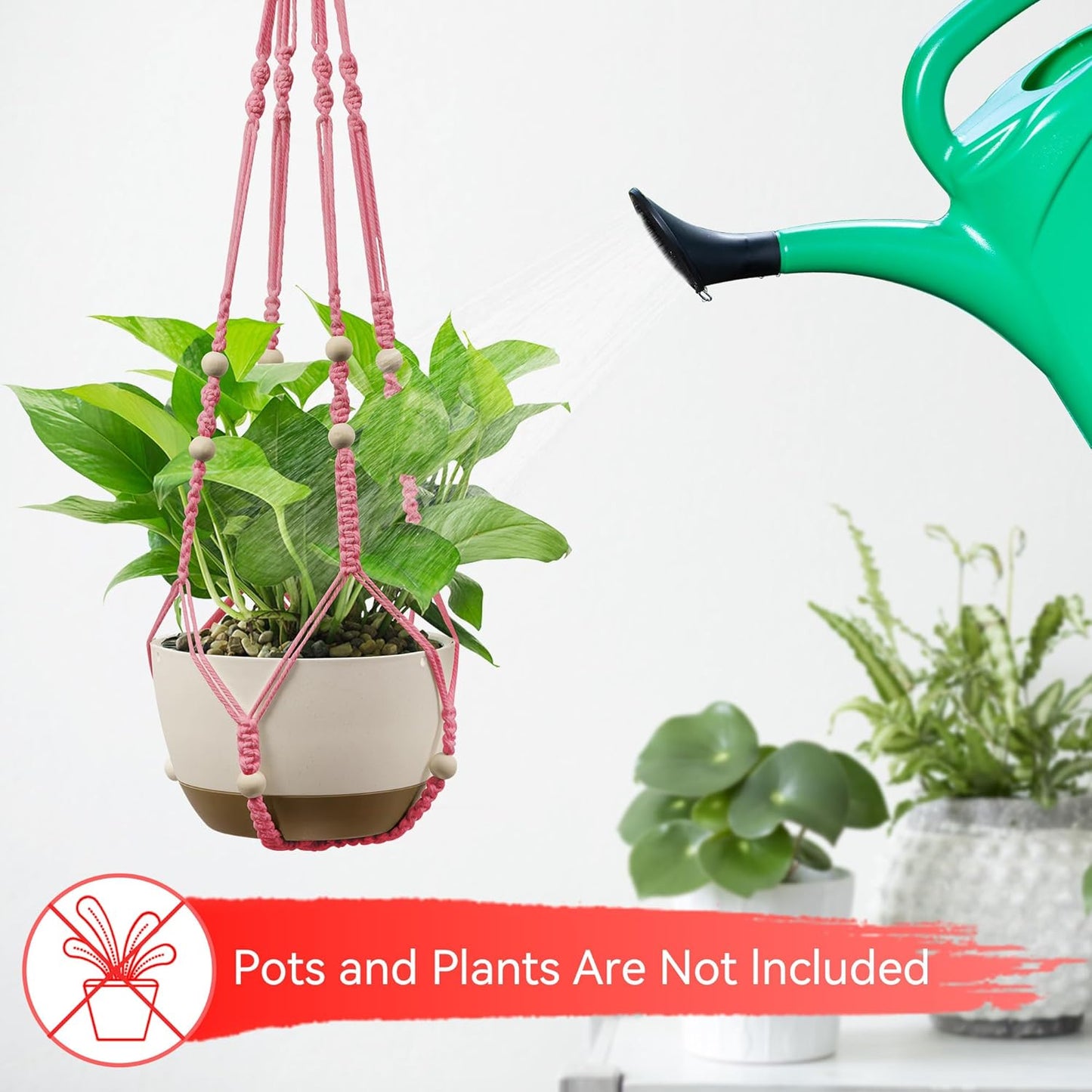 USLAI Macrame Plant Hanger Indoor Outdoor, Up to 4-15 inch Pot, Heavy 20lb Planters, Extra Long Strong Hanging Planter Basket Holder, Boho Home Decor, 35+49 Inch, Pink (POTS NOT Included)