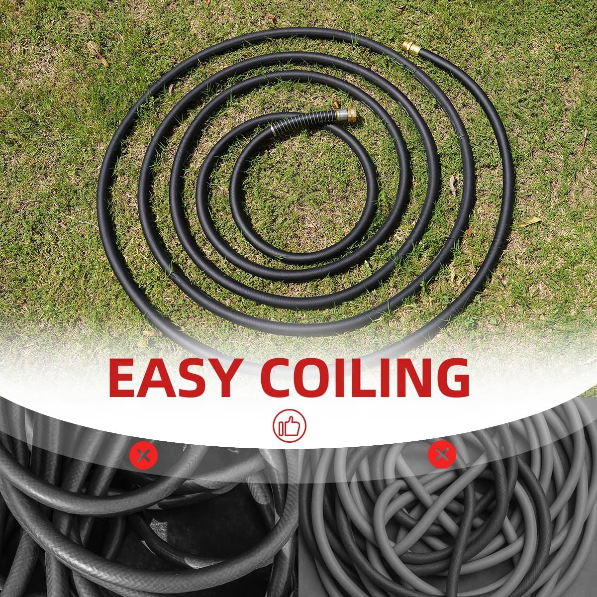 WiseFlow Garden Hose 25FT x 5/8", Heavy Duty Rubber Hose, 1000PSI Burst, 300PSI Working, Water Hose with Five Layered Braiding, Male Female Fittings (Black)