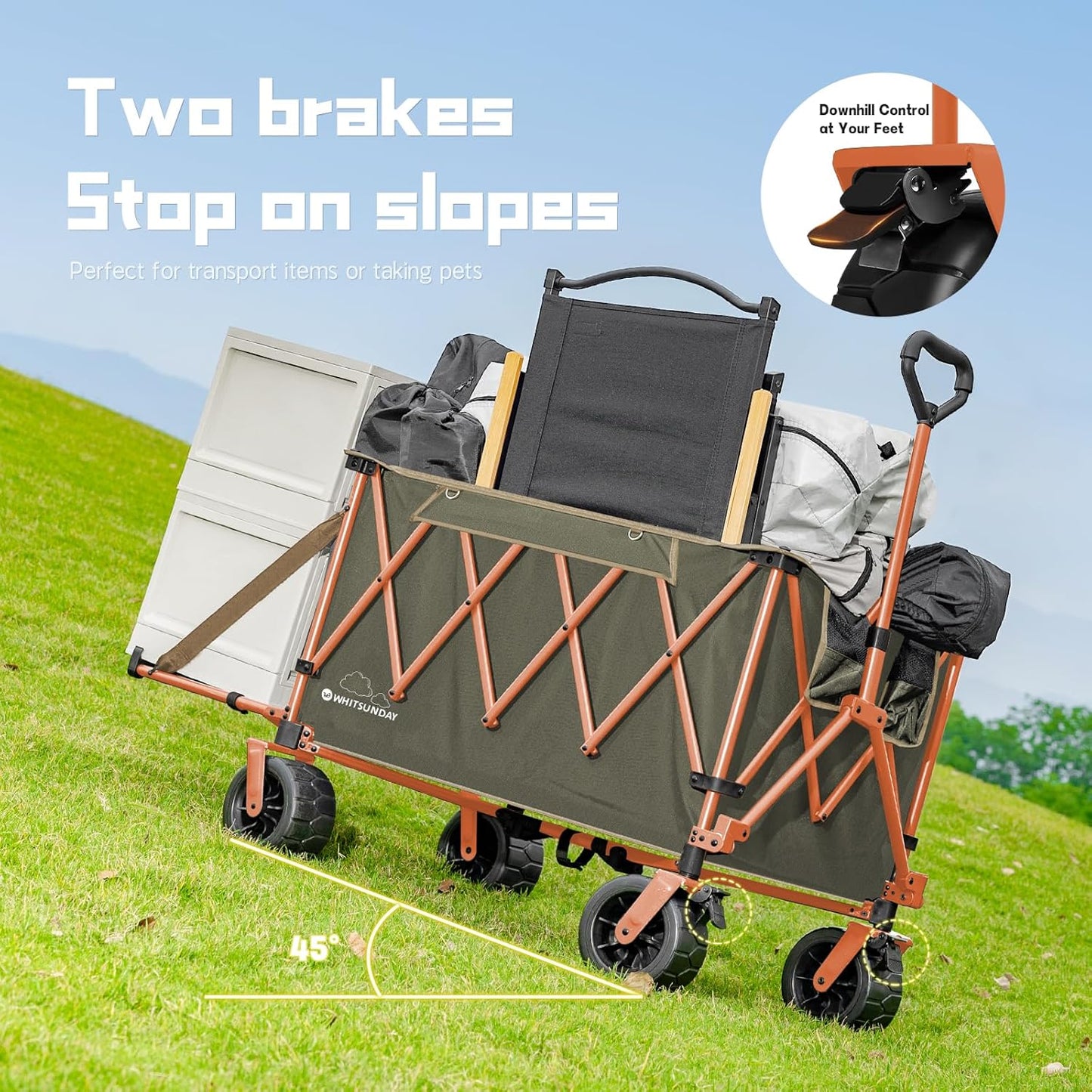 Whitsunday Collapsible Folding Wagon with Table, Heavy Duty Utility Beach Wagons with Opened Tailgate and All-Terrain Wheels for Camping,Garden,Sports (Max Orange)