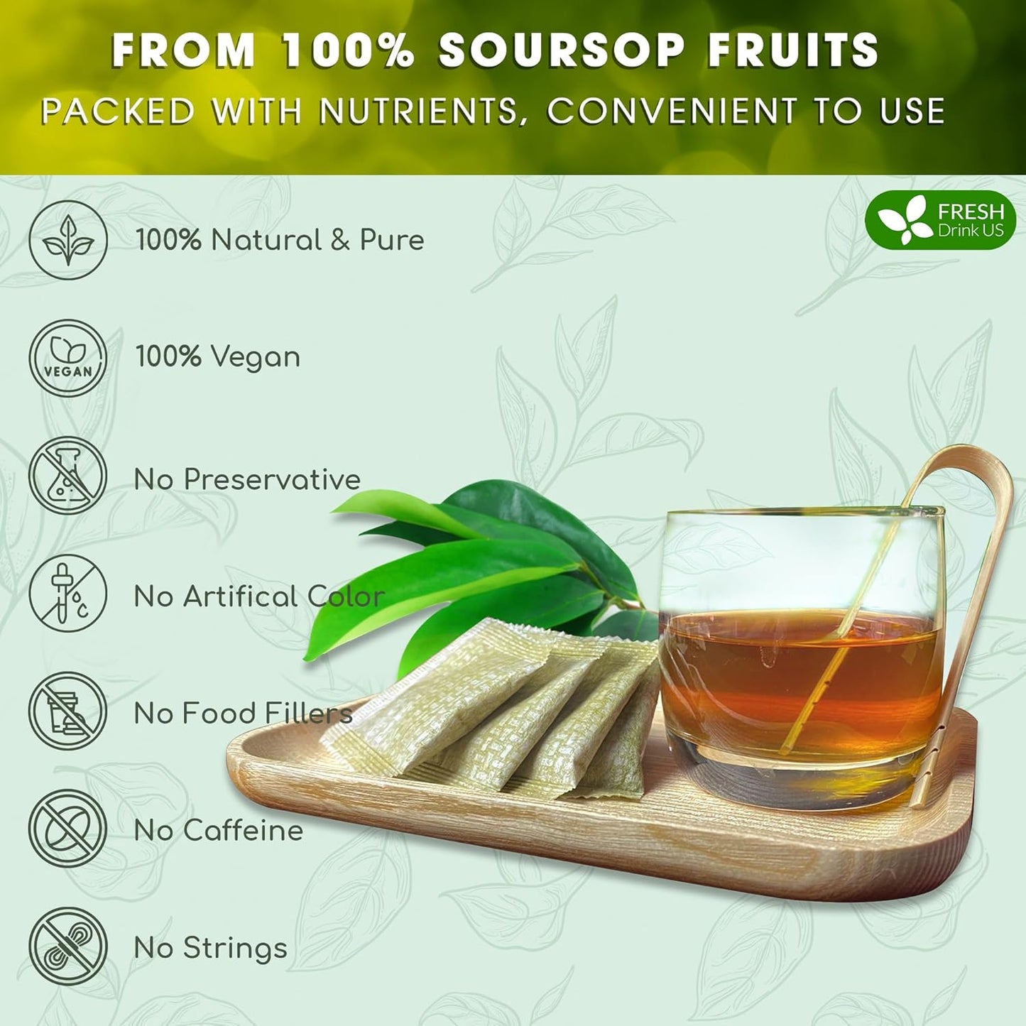 FreshDrinkUS, 60 Premium Soursop Graviola Fruit Tea Bags, 100% Natural and Pure from Soursop Fruits, Made With Natural Materials-Corn Fiber Tea Bag, Sugar/Caffeine/Gluten Free, Hoja Guanabana Tea