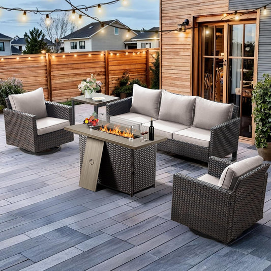 HUMMUH 5 Piece Patio Furniture Set with Fire Pit Table 41in 55,000 BTU,Wicker Outdoor Conversation Sets - Outdoor Swivel Rocker Chairs Patio Sofa for Porch,Garden,Backyard