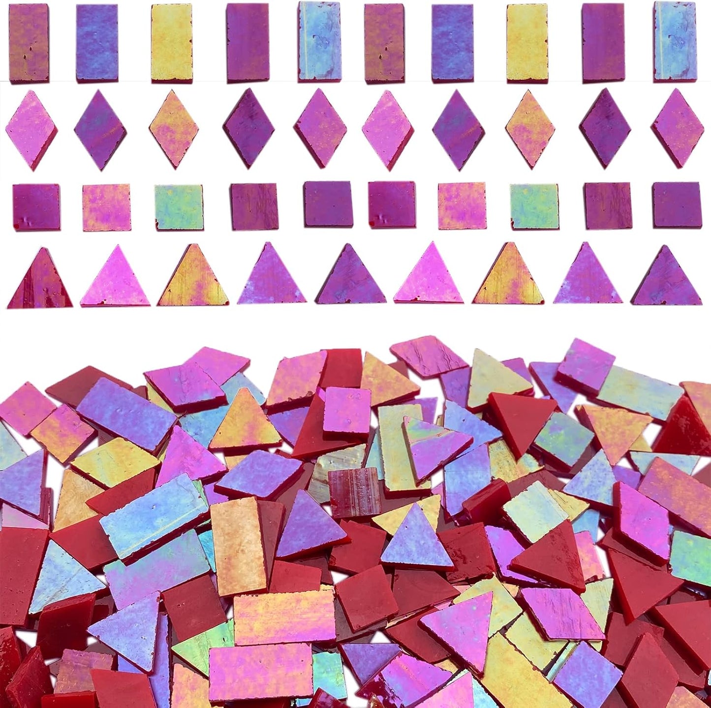 Magic Iridescent Red Glass Mosaic Tiles for Crafts, 280 Pieces Mixed 4 Shapes Stained Glass Sheets, Mosaic Kit Supplies for Adults