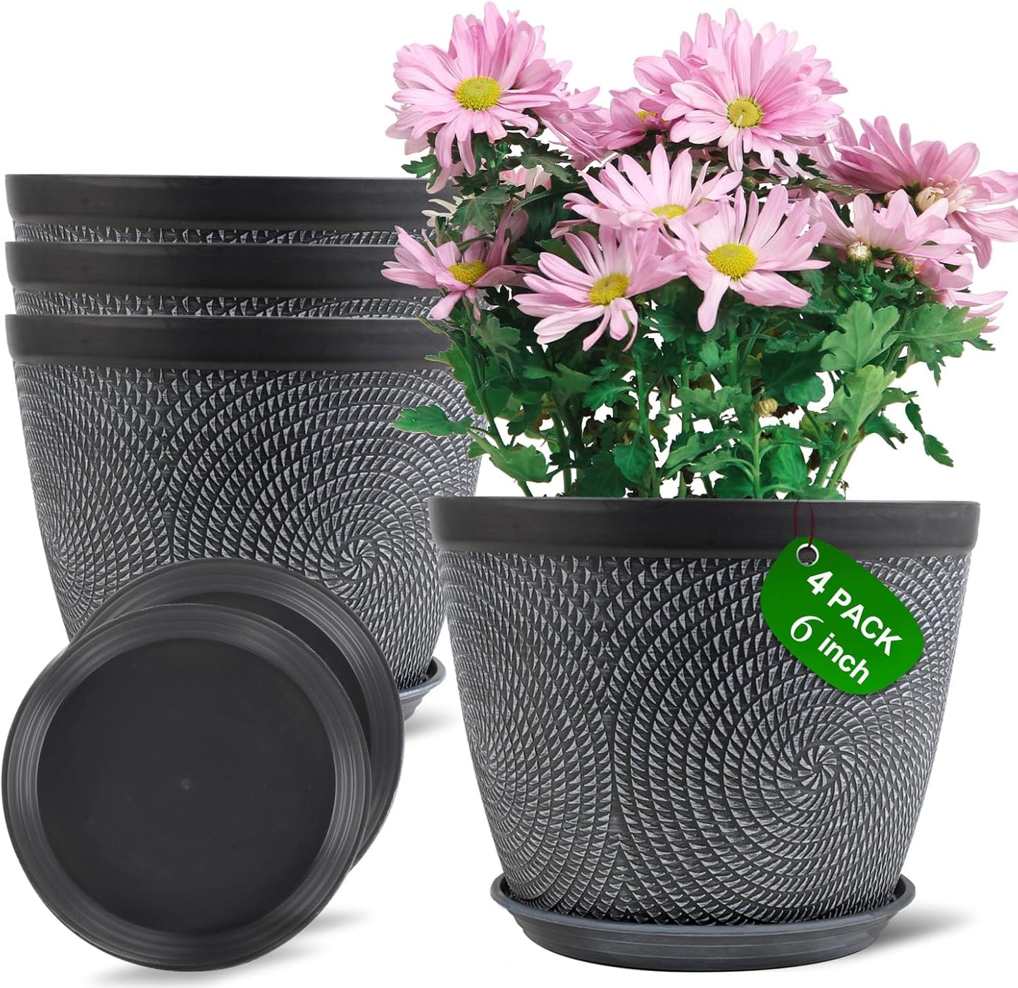 Quarut 4 Pack 6 Inch Flower Pots Planters for Outdoor Indoor, Plastic Plant Pots with Drainage Hole & Tray, Modern Decorative Garden Pot with Saucer, planters for House (Gray)