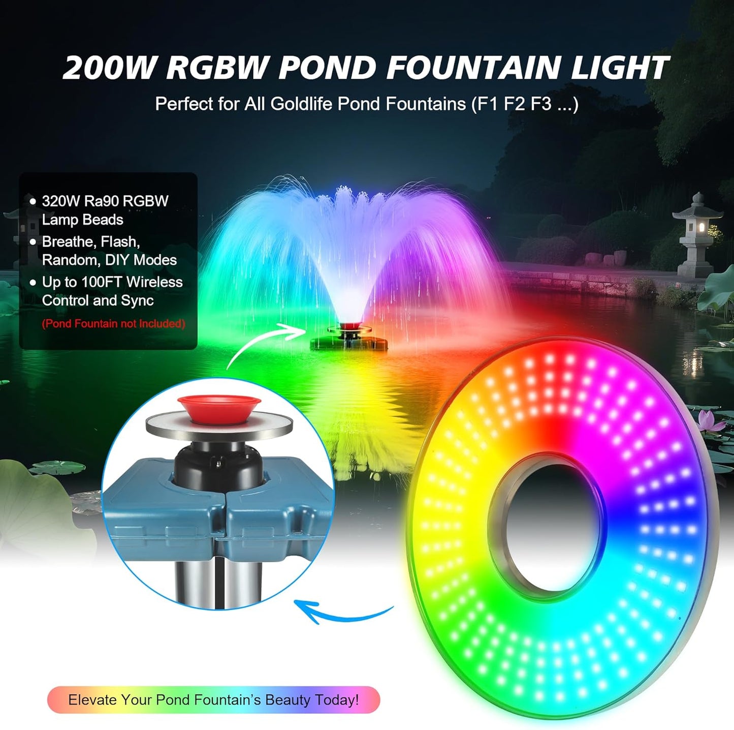 Goldlife Pond Fountain Aerator Lights, 200W RGBW 20000LM 160LED Fountain Light With 100FT Power Cord, IP68 Waterproof Stainless Steel Wireless Sync Control Floating Fountains Pump Light for Lake Ponds