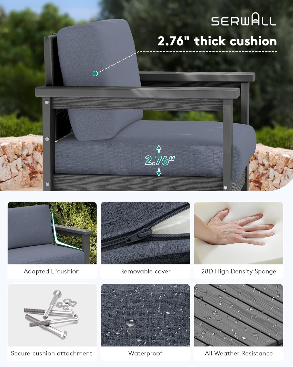 SERWALL 2 Pieces Single Cushioned Sofa Chair, Grey HDPE Outdoor Adirondack Lounge Armchair with Grey Cushion