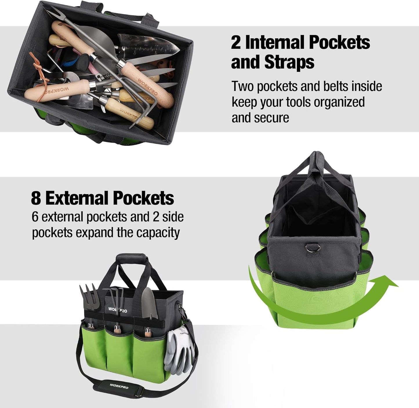 WORKPRO Garden Tool Bag Organizer, Heavy Duty Gardening Tote Bag with 10 Pockets and Long Adjustable Shoulder Strap, Standable Garden Home Tool Kits Organizer, Green (Tools are not included)