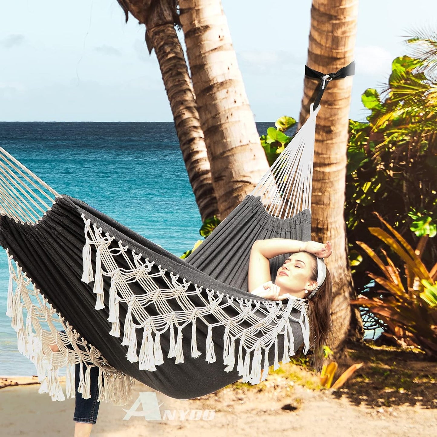 Anyoo Cotton Hammock - Comfortable & Elegant Deluxe Hammock with Tassels - Supports Up to 450lbs - Portable with Travel Bag for Porch, Patio, Yard, Bedroom & Outdoor/Indoor