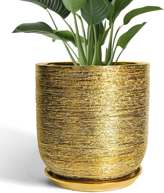 Ceramic Pots for Plants 12 Inch - Ceramic Planter for Indoor Outdoor Flowers, Cylinder Modern Flower Pot with Drainage Hole and Saucer, Patio Home Decor, Gifts for Plants Lovers, Gold