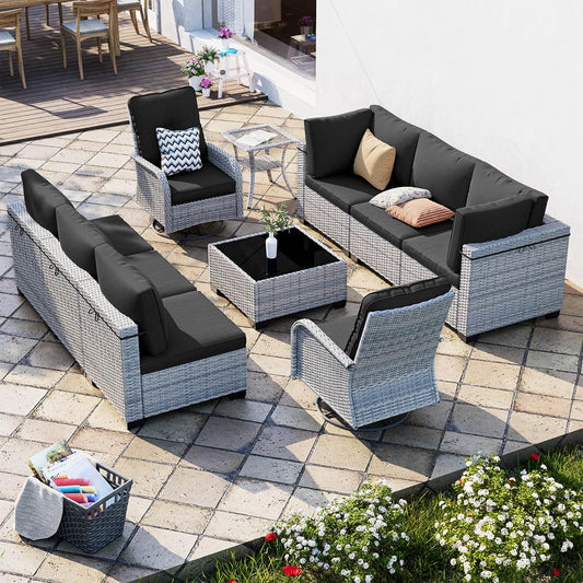 10-Piece Patio Furniture Set, Outdoor Patio Furniture with Swivel Chairs Set, Thick Cushions, Modular Patio Sofa, Dual-Strand Wicker Rattan, Rust-Resistant Frame, Black