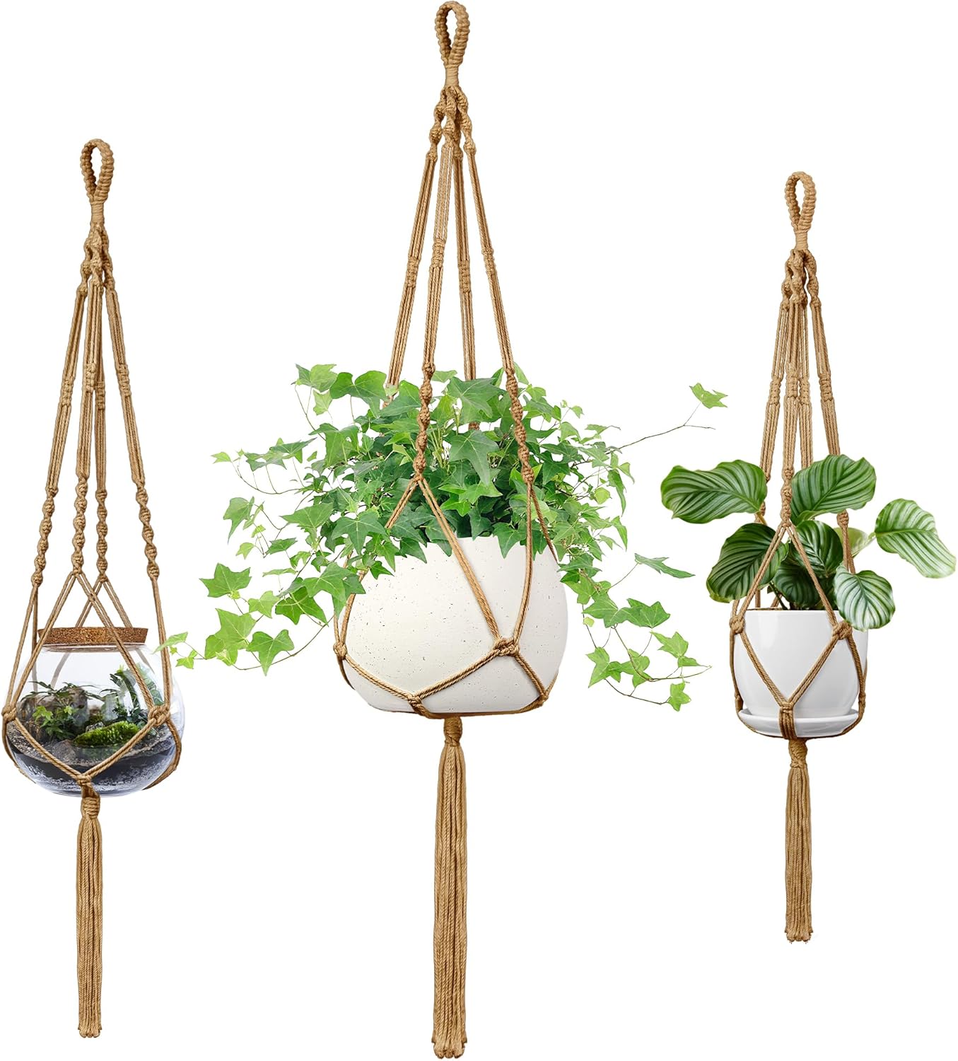 Macrame Plant Hanger, 34"/41"/46" 3 Sizes, Hanging Planters for Indoor Outdoor Plants, Flower Pot Holder with Wood Beads & Tassels for Boho Home Decor, 3 Pack, Brown