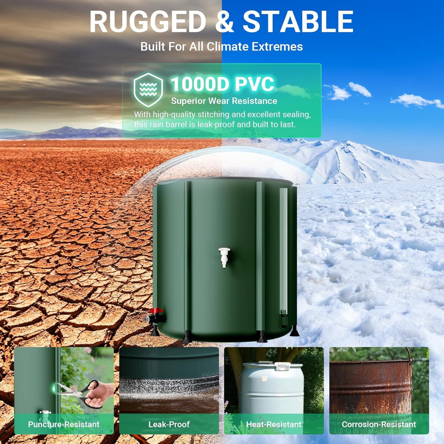 SKM Collapsible Rain Barrel, 53 Gallon Portable Rain Water Collection Barrel for Garden/Outside/Lawn, PVC Rainwater Collection System Water Tank Storage Container with Spigots & Overflow Kit, Green