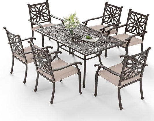 Sophia & William 7 Pieces Cast Aluminium Patio Dining Furniture Set for 6, Powder-Coating Outdoor Dining Chairs and Rectangular Table with 2.3" Umbrella Hole for Porch Backyard Deck, Bronze