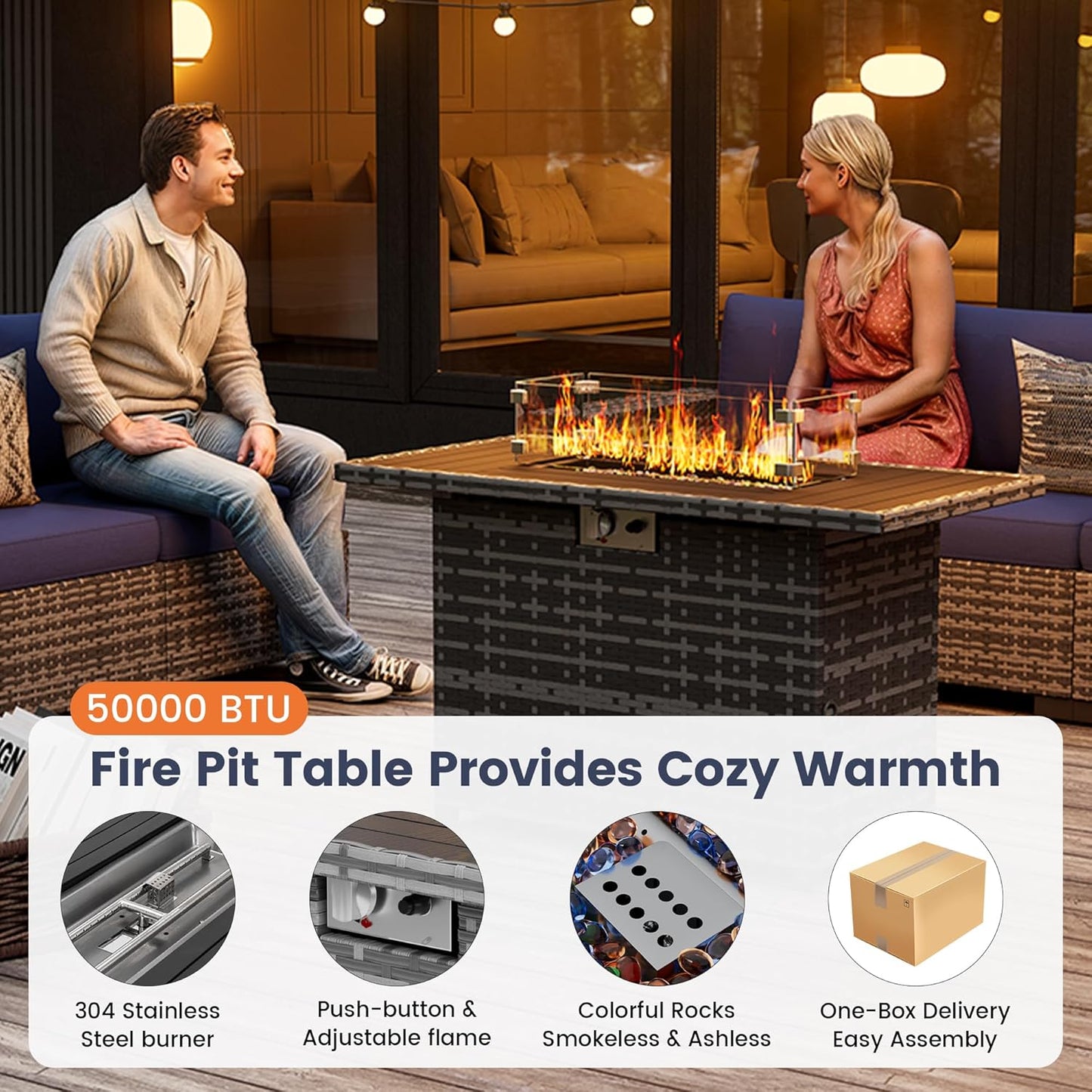 UDPATIO Patio Furniture Set with Fire Pit Table, 8 Piece Outdoor Sectional Modular Sofa, Wicker Outdoor Furniture Conversation Sets with Waterproof Cover for Backyard Deck(Grey/Navy Blue)
