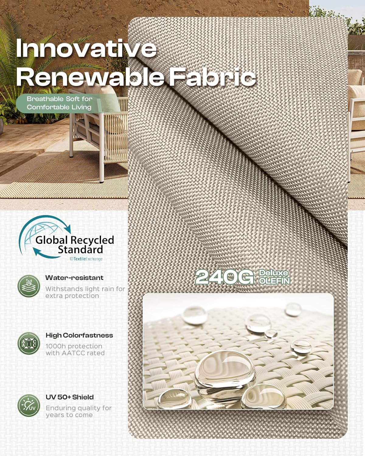 Aluminum Outdoor Patio Couch, 3 Seats HDPE Rope Patio Sofa with Washable Thick Cushion, All-Weather Patio Furniture for Balcony, Yard, White Frame, Ivory